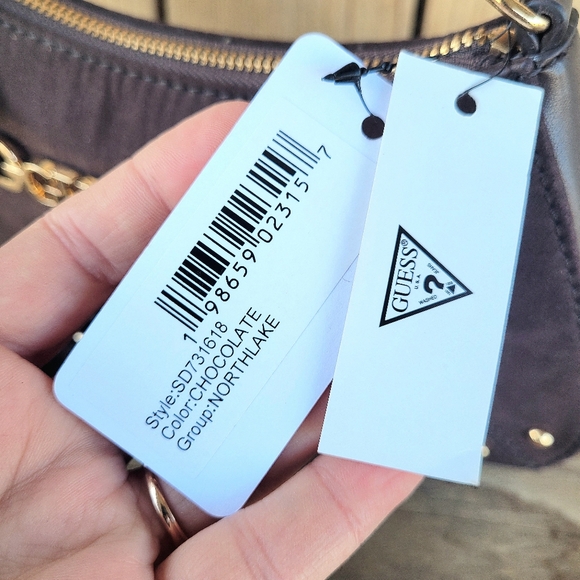 GUESS Suede Northlake Small Chocolate Tote With Crossbody Strap Handbag - Picture 5 of 8